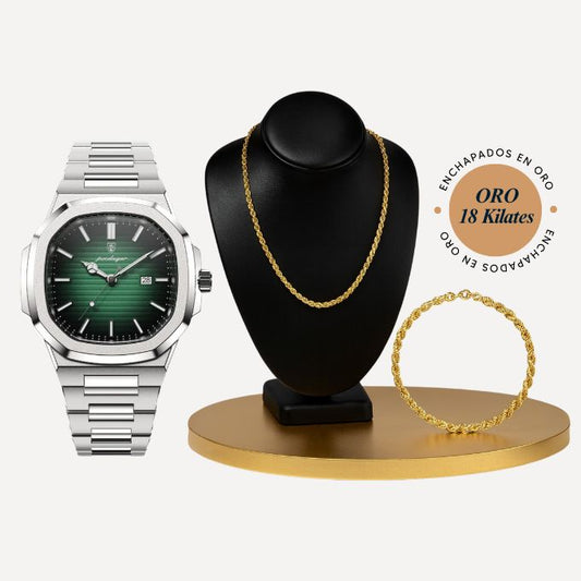 Reloj Orden 7® Prestige + Collar + Pulsera enchapados en oro